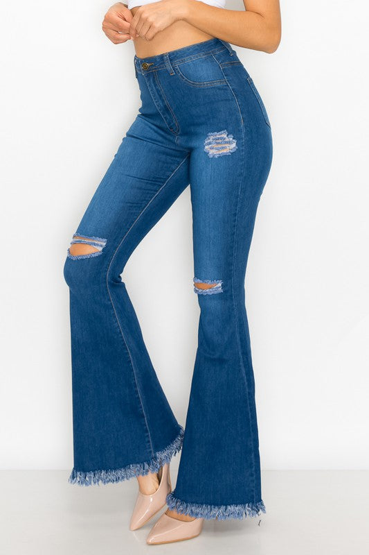 Style 013 Bell Bottom Ripped Distressed Jeans Blue