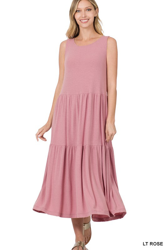 Style 43050 LT Rose Sleeveless Tiered Midi Dress