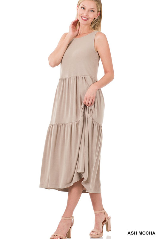 Style 43050 Ash Mocha Sleeveless Tiered Midi Dress