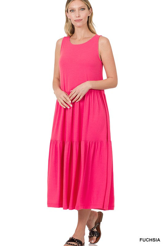 Style 43050 Fuchsia Sleeveless Tiered Midi Dress