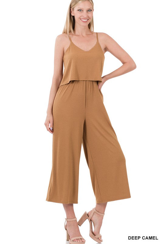 Style 8021 Deep Camel Ribbed Double Layered Jumpsuit