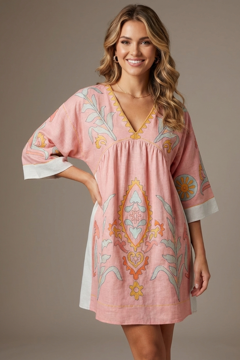 14448 Rose & Mint Floral Print V-Neck Dress