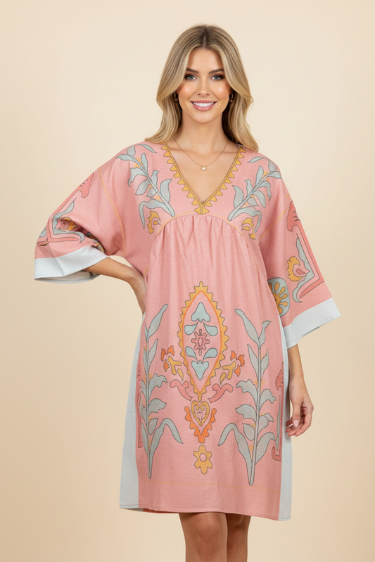 14448 Rose & Mint Floral Print V-Neck Dress