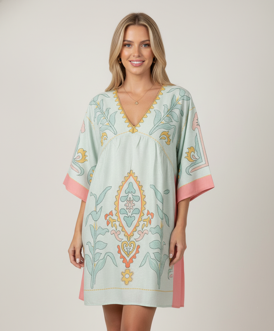 14448 Sage & Blush Floral Print V-Neck Dress