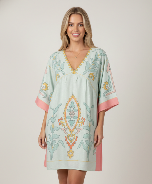 14448 Sage & Blush Floral Print V-Neck Dress
