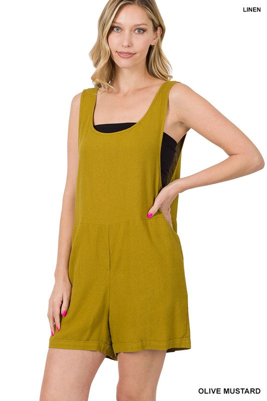 Style 1033 Olive Mustard Linen Romper with Pockets