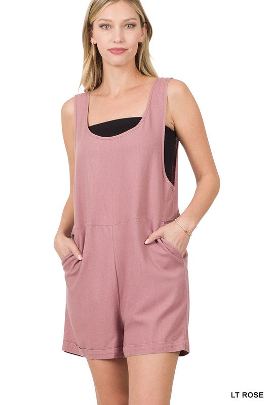 Style 1033 Light Rose Linen Romper with Pockets