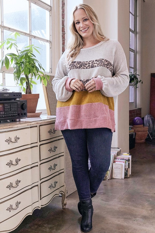 1242 Velvety Chunky Color Block Sweater Top Plus