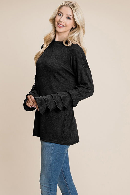 10833 Black Long Sleeve Ruffle Layered Shirred Shirt