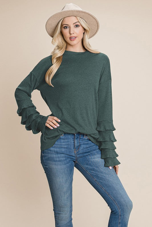 10833 Hunter Green Long Sleeve Ruffle Layered Shirred Shirt