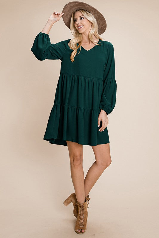 Style 10853 Hunter Green V Neck Pleated Loose Swing Dress