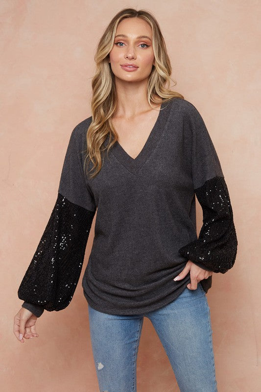 Style 2869 Charcoal Sequin Sleeve Top