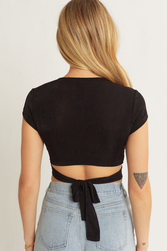 Style 10114 Black Plunged Neckline Tie Back /Knot Front top