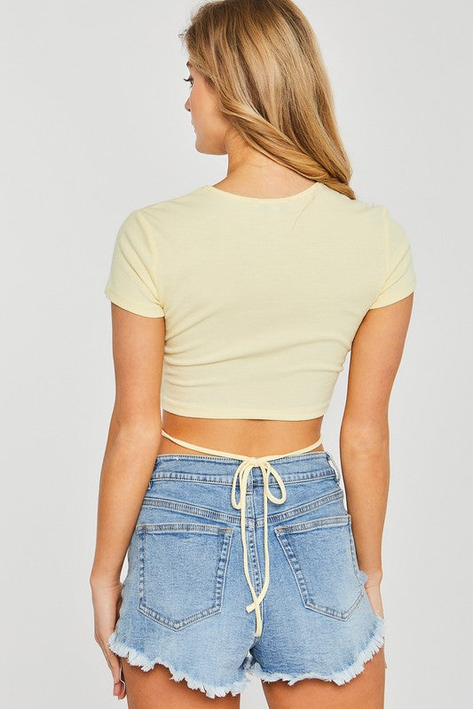 Style 10083 White Solid Tie Back Crop Top