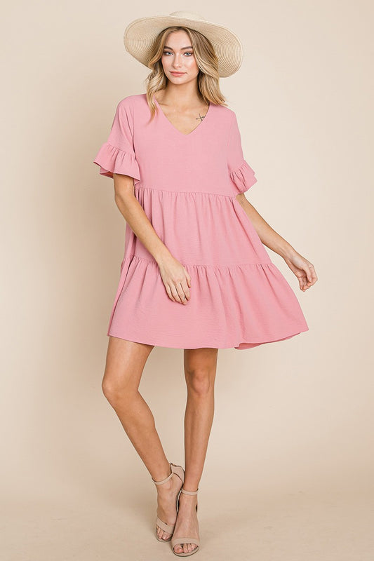 Style 10928 Pink Ruffle Sleeve Tiered V neck Dress