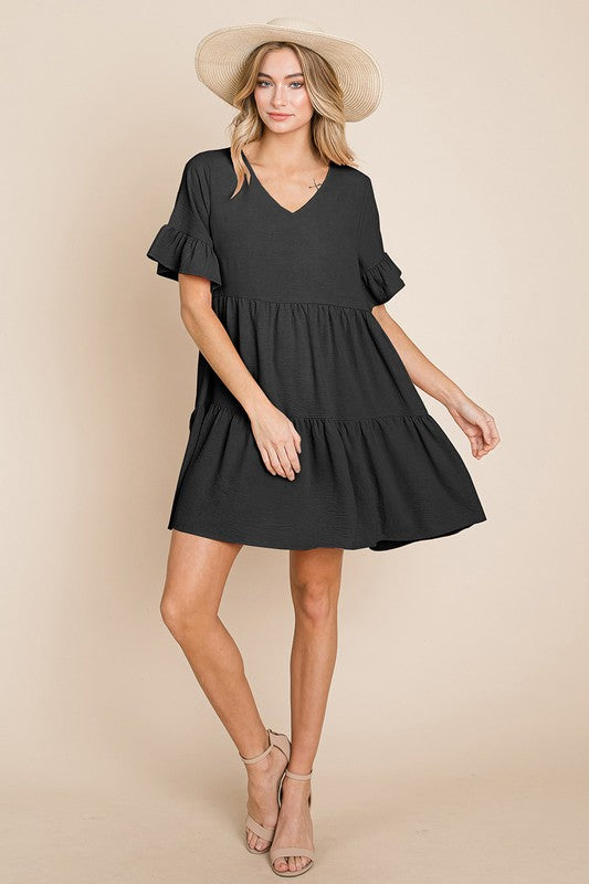 Style 10928 Black Ruffle Sleeve Tiered V neck Dress