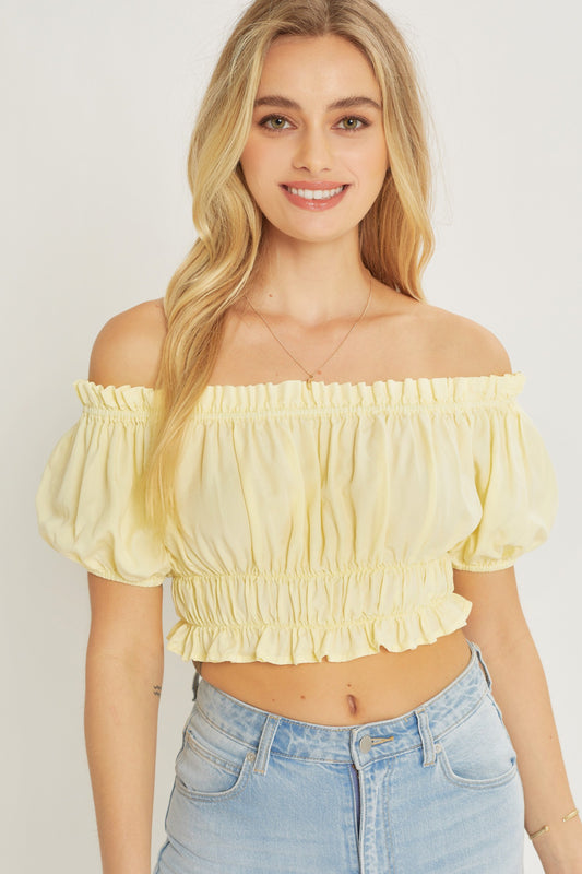 Style 10032 Light Yellow Ruched Off The Shoulder Crop Top