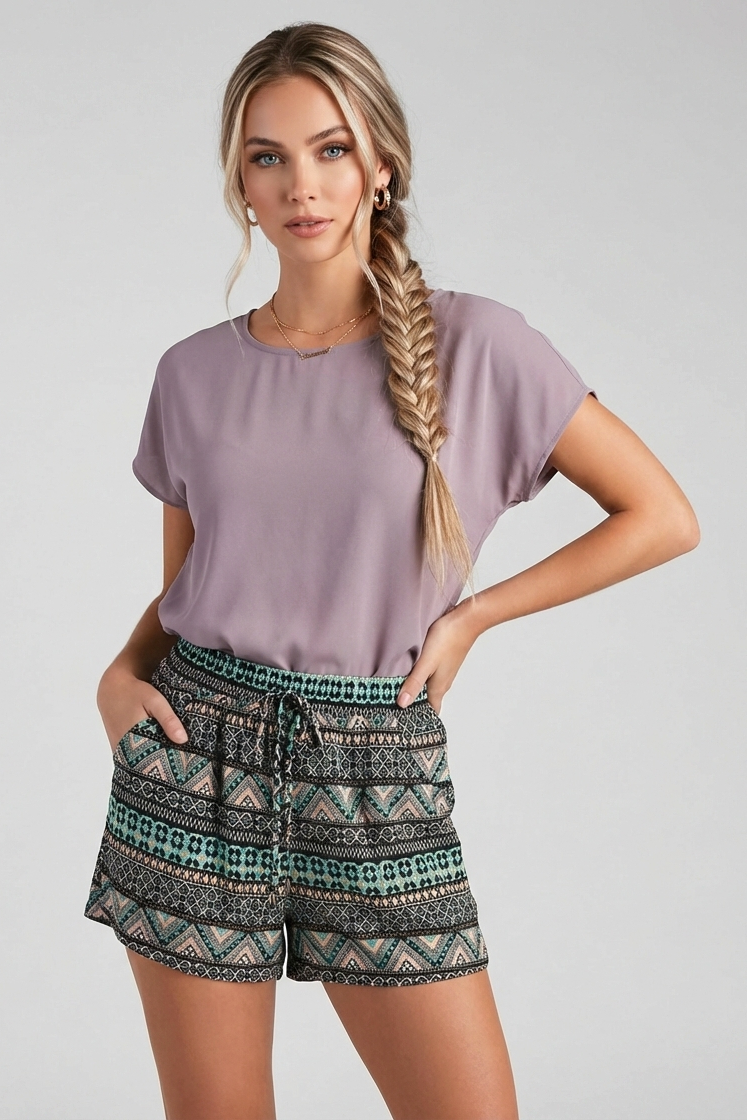 1579-10 Teal & Black Geometric Drawstring Shorts with pockets