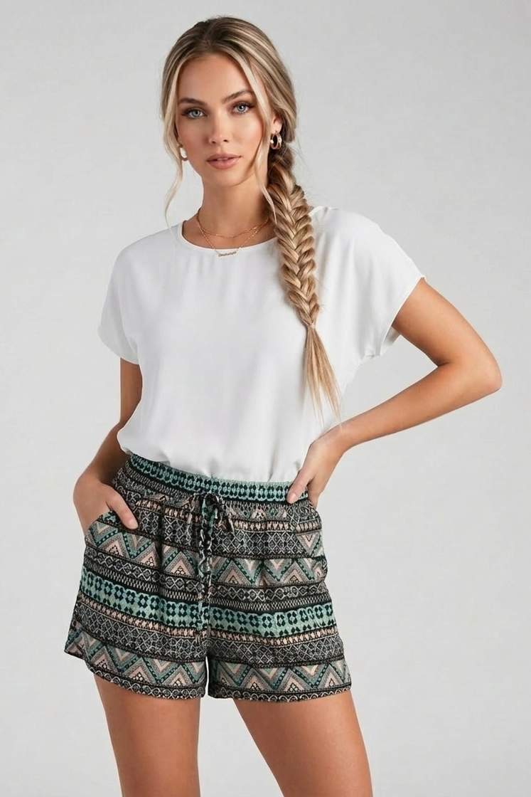1579-10 Teal & Black Geometric Drawstring Shorts with pockets