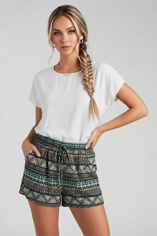 1579-10 Teal & Black Geometric Drawstring Shorts with pockets