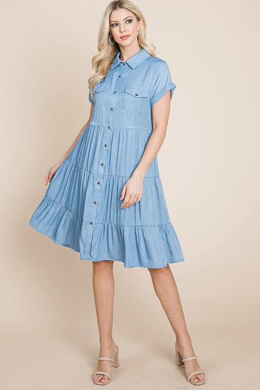 Style 10948 Button Down Chambray Tiered Dress