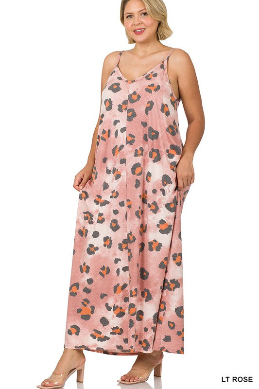 Style 843 Lt Rose Leopard Maxi Dress With Side Pockets Plus Size