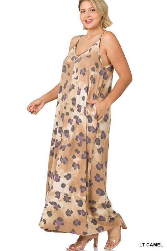 Style 843 Lt Camel Leopard Maxi Dress With Side Pockets Plus Size