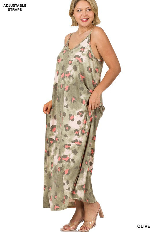 Style 843 Olive Leopard Maxi Dress With Side Pockets Plus Size