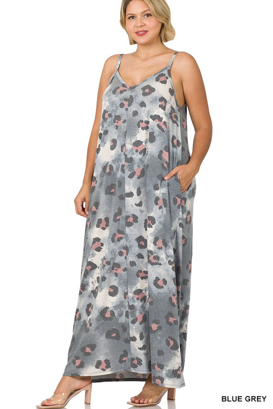 Style 843 Blue Grey Leopard Maxi Dress With Side Pockets Plus Size