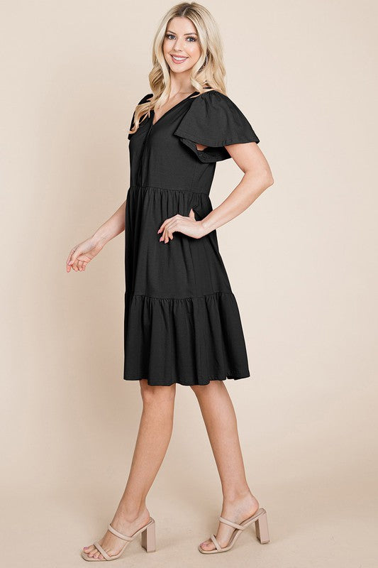 Style 10964Black VNeck Cotton Tiered Button Dress