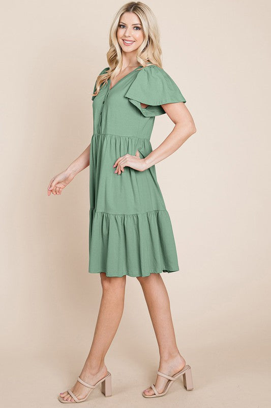 Style 10964 Sage VNeck Cotton Tiered Button Dress