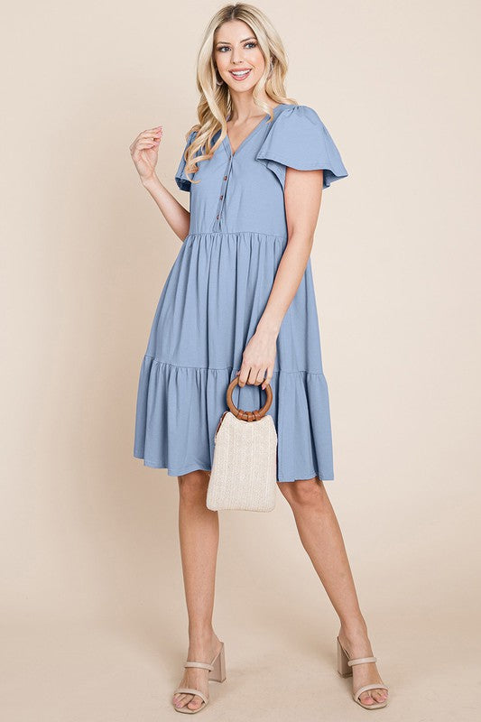 Style 10964 Denim VNeck Cotton Tiered Button Dress