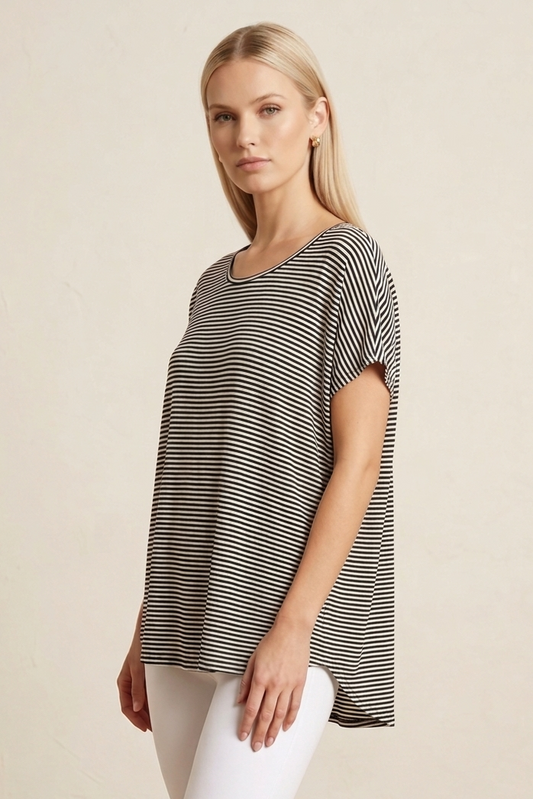 16005 Black & White Stripe Hi-Low Blouse with Zipper Back
