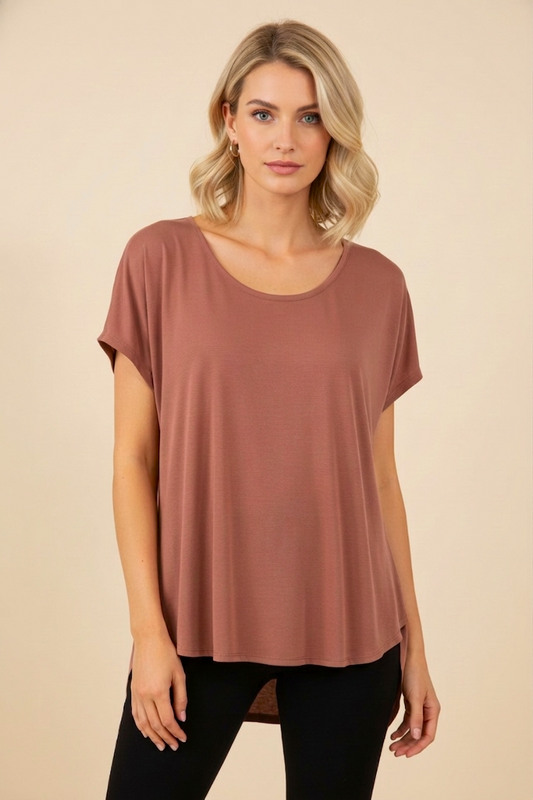 16005 Clay Brown Hi-Low Blouse with Zipper Back