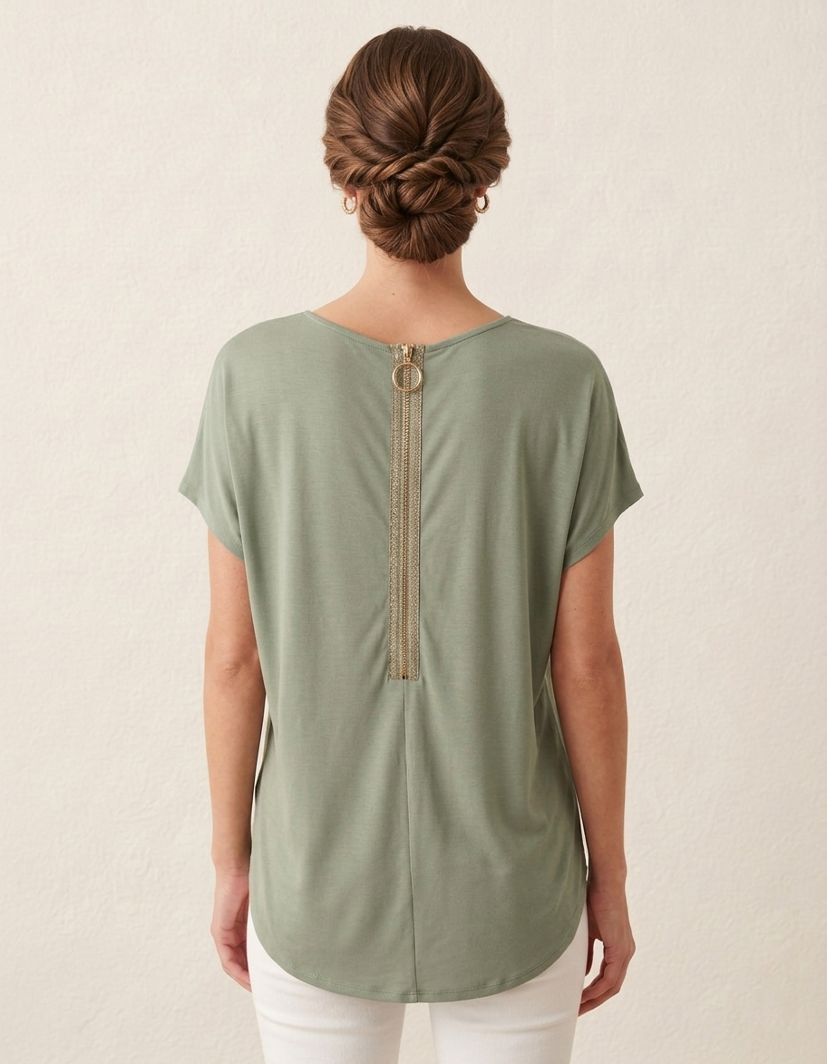 16005 Light Sage Hi-Low Blouse with Zipper Back
