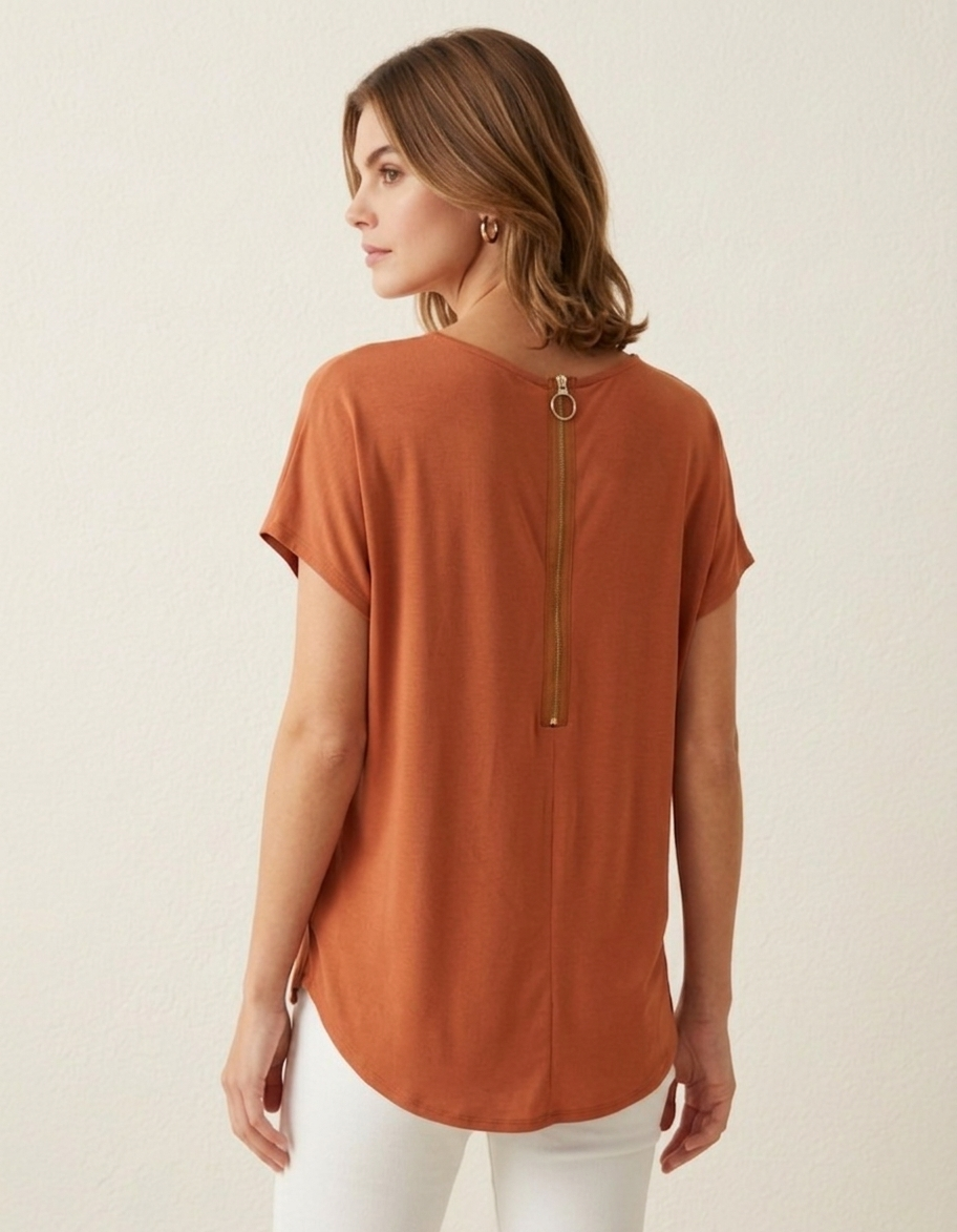 16005 Sunset Rust Hi-Low Blouse with Zipper Back