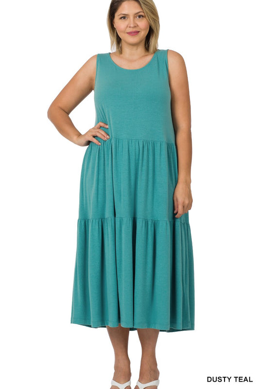 Style 43050 Dusty Teal Sleeveless Tiered Midi Dress