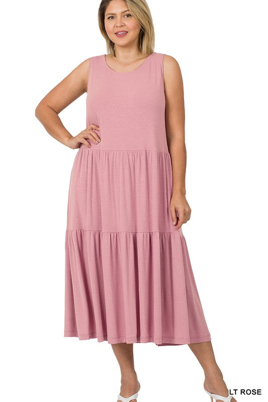 Style 43050 Lt Rose Sleeveless Tiered Midi Dress Plus