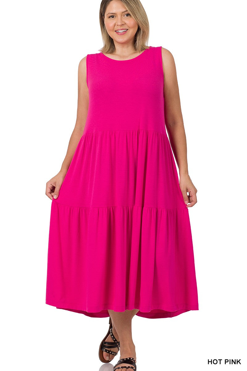 Style 43050 Hot Pink Sleeveless Tiered Midi Dress Plus