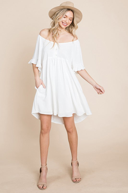 Style 10994 Cream Flutter Sleeve Button Tunic Dress