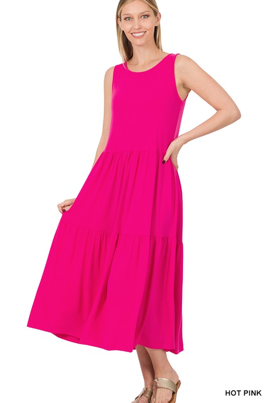 Style 43050 Hot Pink Sleeveless Tiered Midi Dress