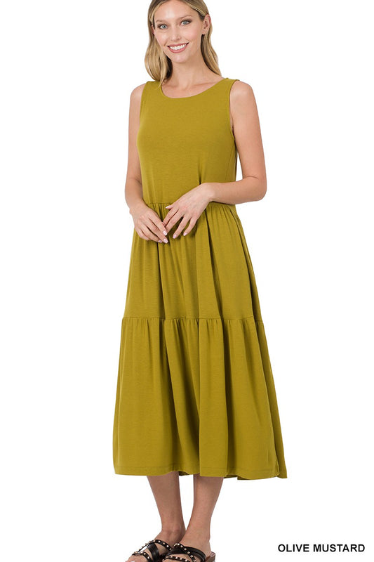 Style 43050 Olive Mustard Sleeveless Tiered Midi Dress