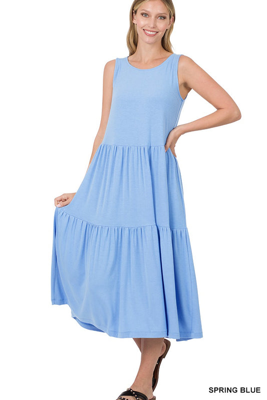 Style 43050 Spring Blue Sleeveless Tiered Midi Dress