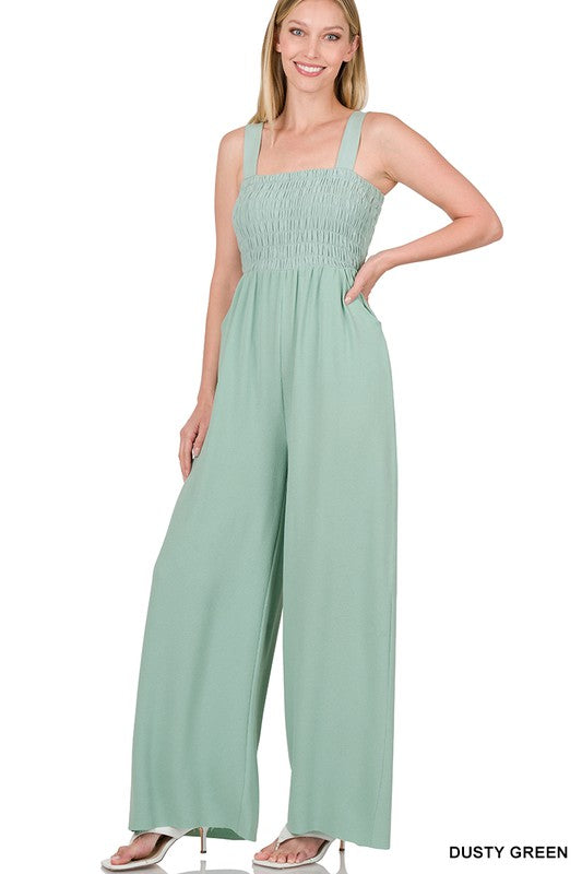 Style 1086 Dusty Green Smocked Front Jump Suit