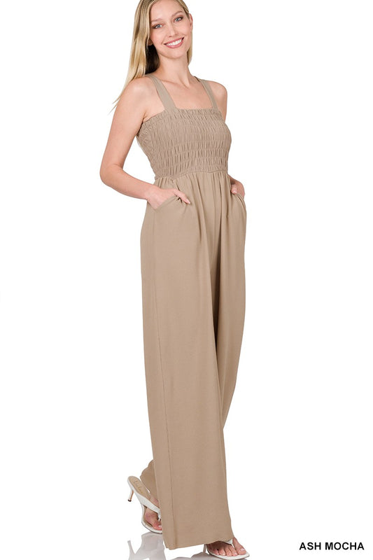 Style 1086 Ash Mocha Smocked Front Jump Suit