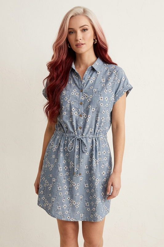 168 Denim Blue Floral Shirt Dress
