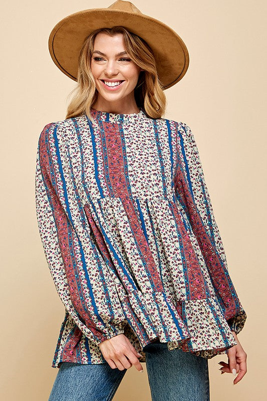 Style 9461 Mauve Floral Multi Print Mock Neck Baby Doll Top