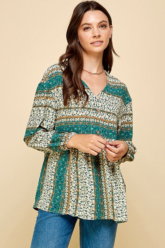 Style 9458 Hunter Floral Multi Print Button Down Baby Doll Top
