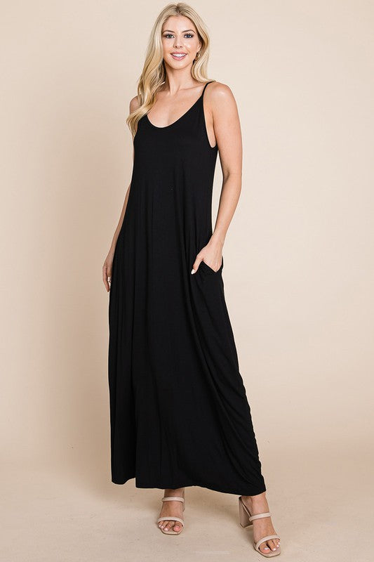 Style 11049 Black Adjustable Strap Maxi Side Pocket Dress