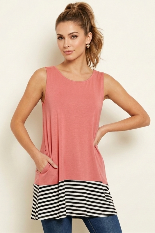 1734 Dusty Rose Striped and Solid Contrast Sleeveless Top with side pockets